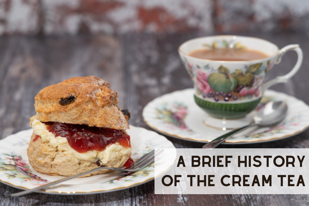 Devonshire Cream Tea on a plate with cup of tea behind